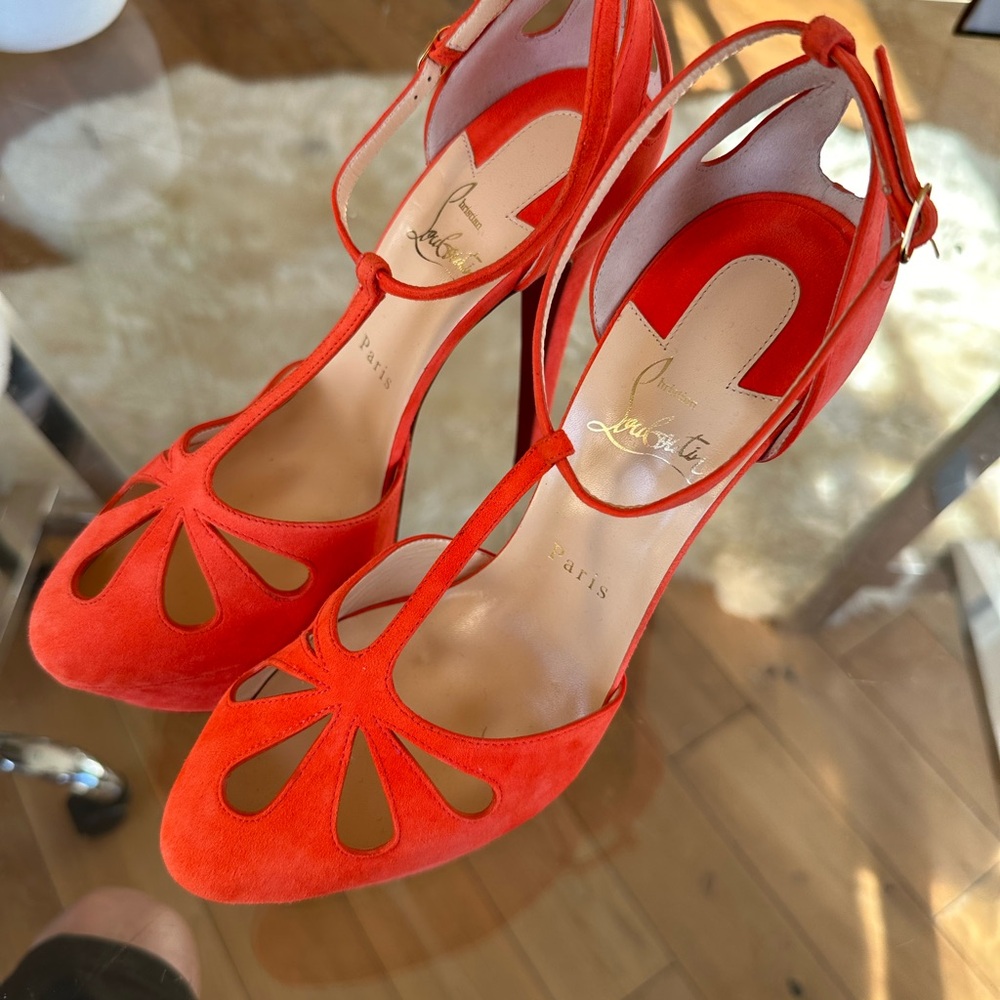 Christian Louboutin Mayada T-Strap salmon/ coral suede platform pumps